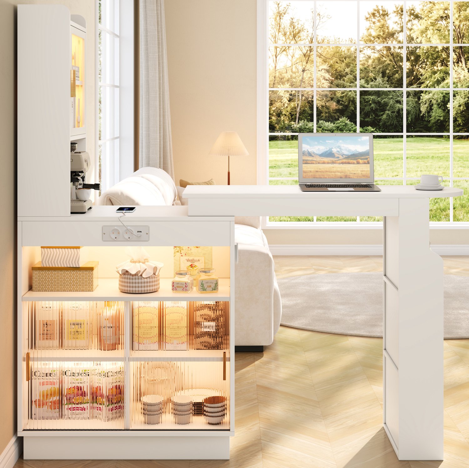 MIVRAY Bartafel - Uitschuifbaar Met Opbergruimte En Ledverlichting - Voor Keuken En Woonruimte - MDF - 131 Tot 170 x 40 x 170 Cm - Wit