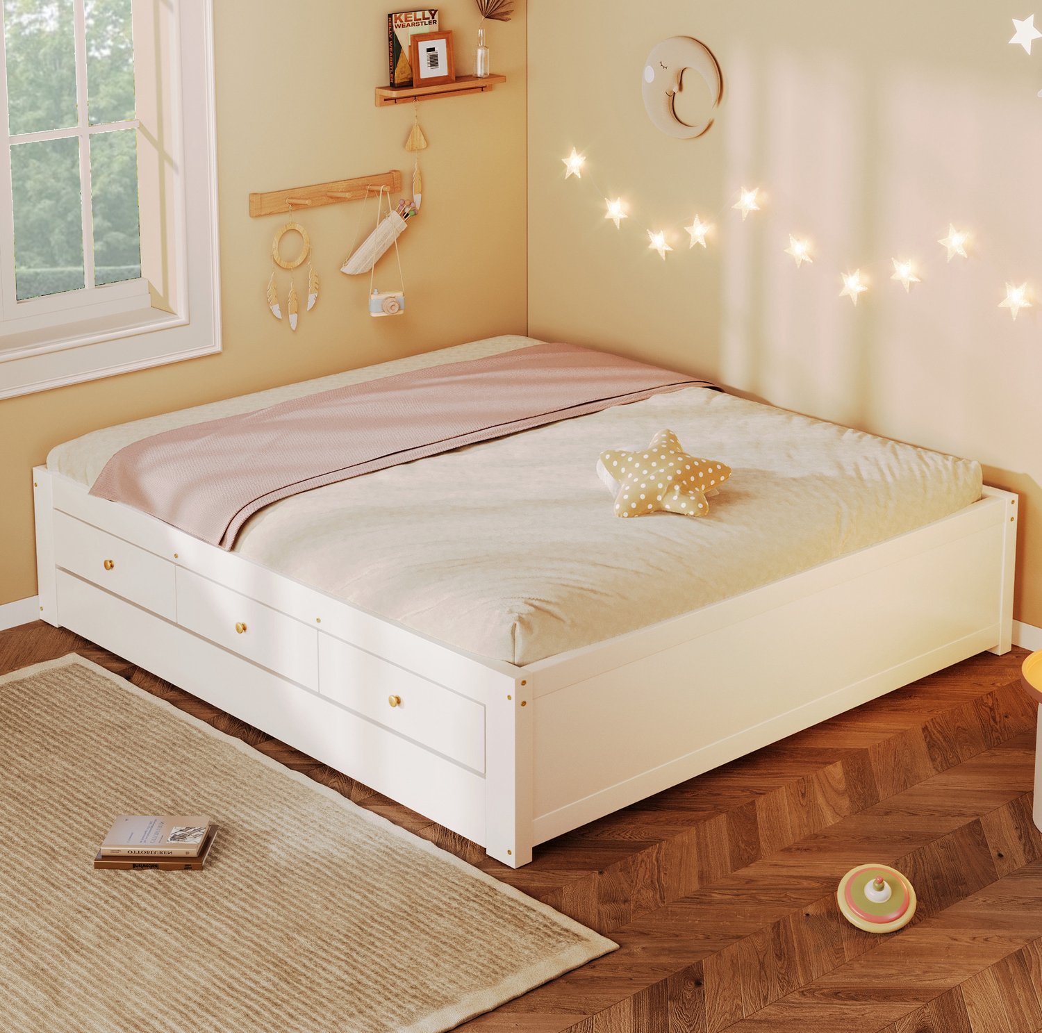 MODENUIT Bed Met 3 Laden – 140 x 200 cm – MDF En Hout – Wit – Uitschuifbaar Logeerbed Voor Slaapkamer En Logeerkamer
