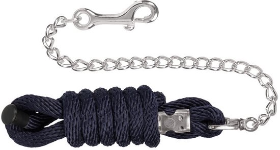 Donkerblauw gevlochten halstertouw van 240cm met een zilverkleurige metalen ketting en musketonhaak.