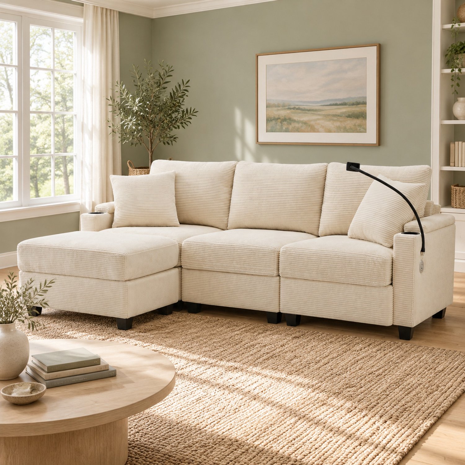 WUVRIE Hoekbank 213,5x139 cm - Verplaatsbare hocker, USB en armleuningopbergruimte - Beige