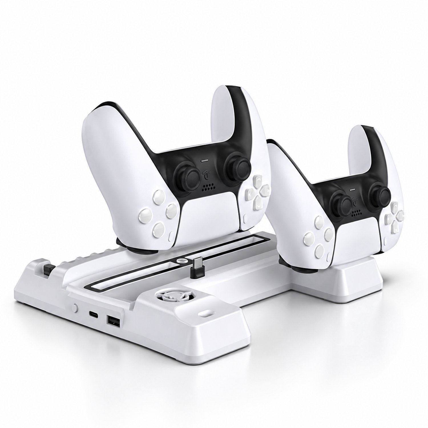 DrPhone DPS5 Laadstation met Koelventilator voor PS5 Disc & Digital – Controller Oplader voor 2 Controllers – Gamehouder voor 11 Games – Console Standaard – Wit