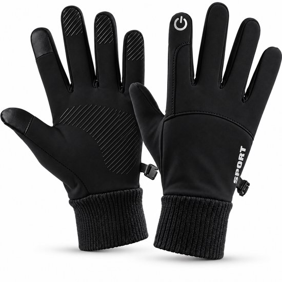 Zwarte sporthandschoenen met geribbelde handpalm, 'SPORT' opdruk en touchscreen vingertop.
