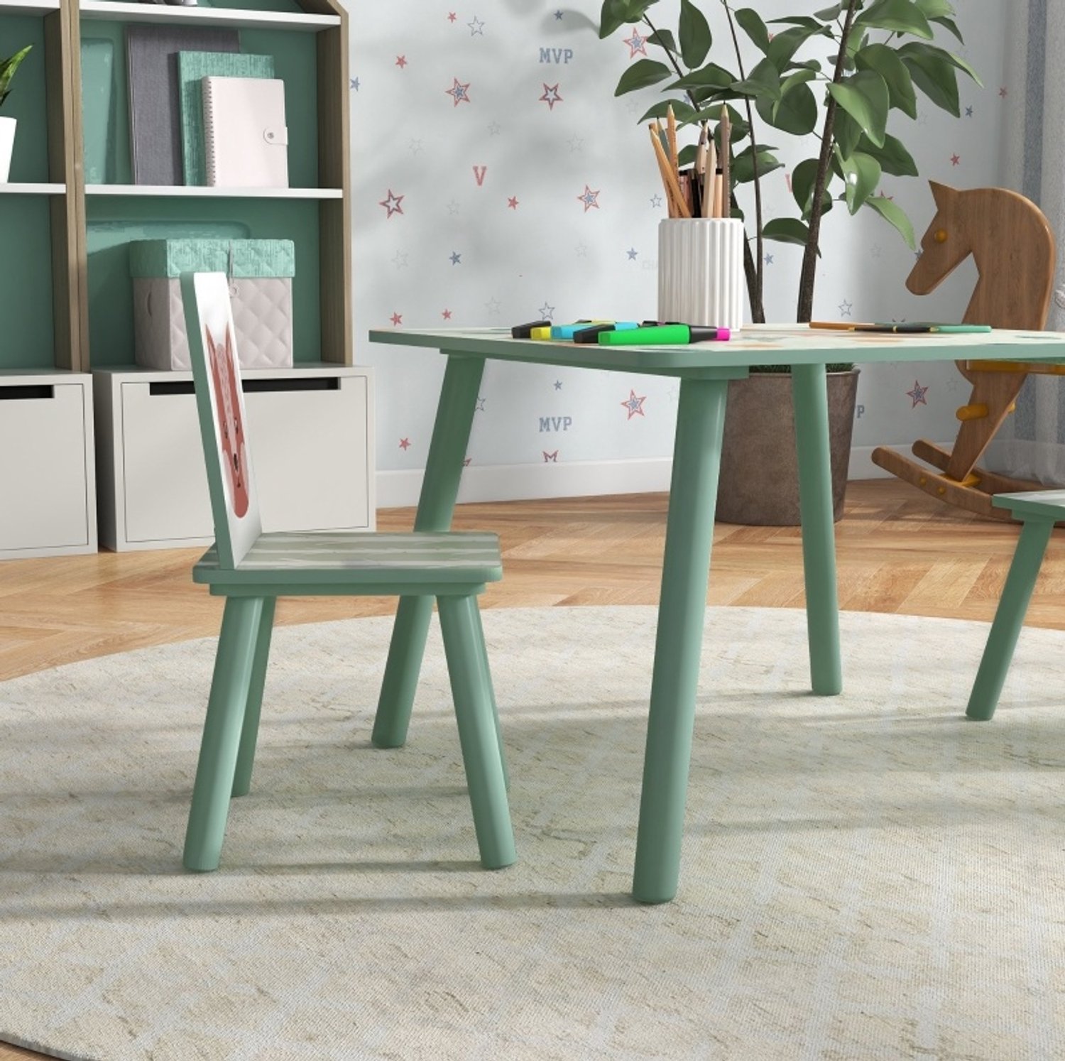 MIVRAY Kindertafel Met Twee Stoelen Dierenmotief Voor Tekenen En Huiswerk Hout Groen 60 X 60 X 44 Cm Voor Kinderen Van Drie Tot Acht Jaar