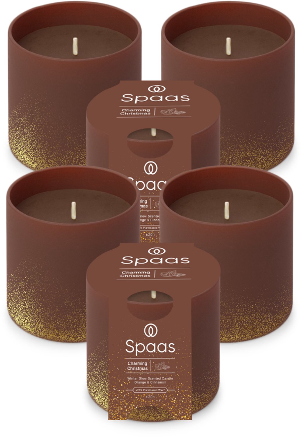 SPAAS WinterGlow Geurkaars in glas – Set van 6 kaarsen – Sinaas en Kaneel – circa 35u – Charming Christmas Bordeaux