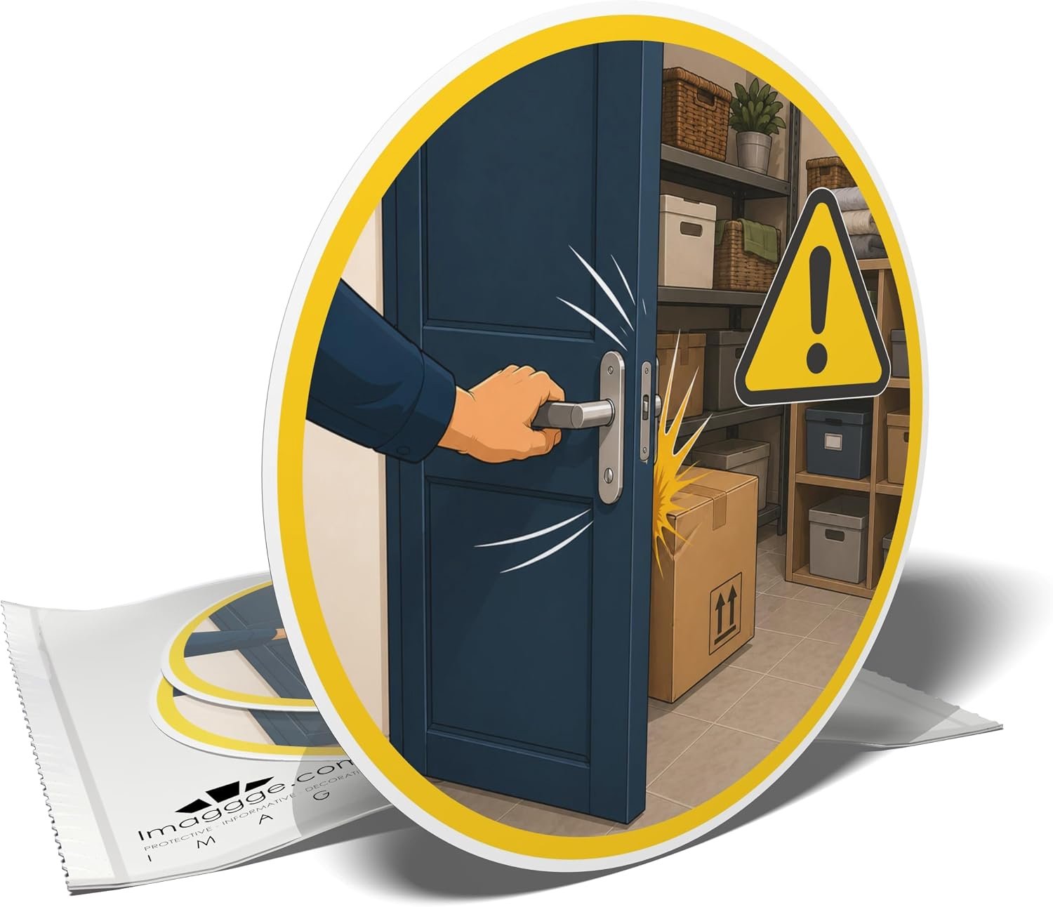 Set van 3 stickers "Open de deur met voorzichtigheid" Ø 10 cm - ShopVlot