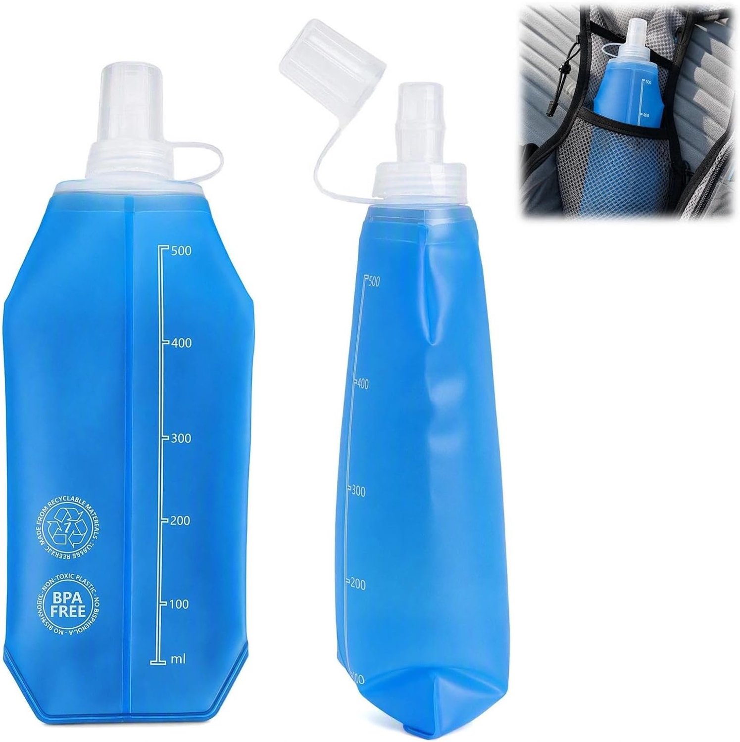 Opvouwbare drinkfles 500 ml - TPU fles - 2 stuks - Ideaal voor sporten en onderweg - Vemera
