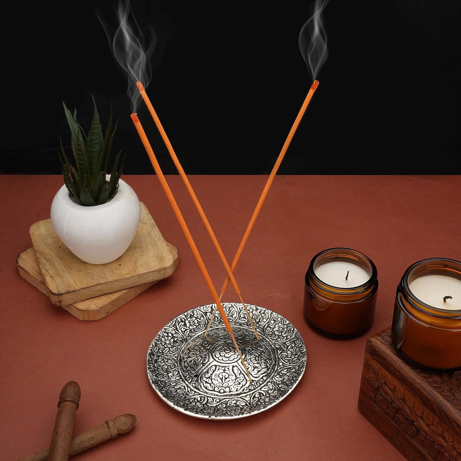 Ajuny Aluminium Incense Burner with Ash Catcher, Silver Surface Tibetan Style Incense Stick Holder, Flower Carving - ShopVlot