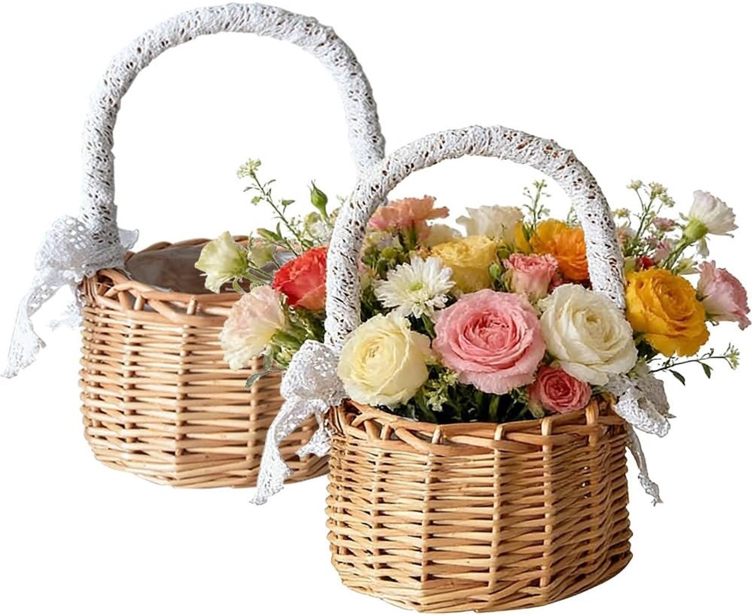 Set van 2 Kleine Wicker Mand met Handvat - Rieten Mand voor Bloemen, Trouwen en Feestjes - Decoratieve Mand voor Kinderen en Bloemstukken