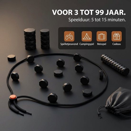 Magnetisch spel met zwarte stenen op een touw, voor 3 tot 99 jaar, geschikt als reisspel of cadeau.
