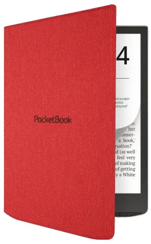 Rode textiel beschermhoes voor PocketBook e-reader met zwart logo op de voorkant.