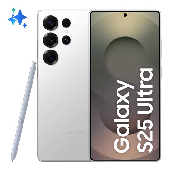 Zilveren Samsung Galaxy S25 Ultra met S Pen, achterkant met vier camera's en voorkant met tekst.