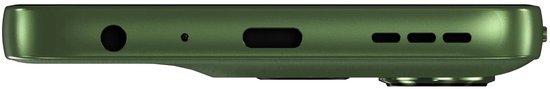 Onderaanzicht van de groene Motorola smartphone met oortelefoonaansluiting, USB-C-poort en luidspreker.