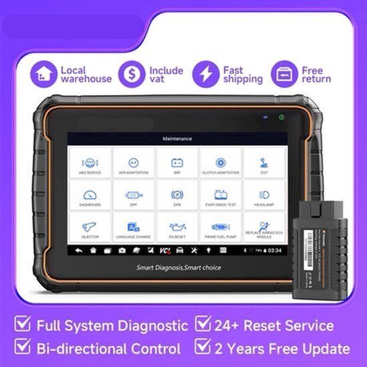 OBD2 Scanner - OBD - Diagnosecomputer - Storing Verwijderen - Uitleesapparatuur - Auto Uitlezen - Diagnose apparatuur voor auto's - met Volledige Systeemdiagnose & 24+ Resetfuncties – Geschikt voor ABS, SAS, TPMS en Meer – Geel