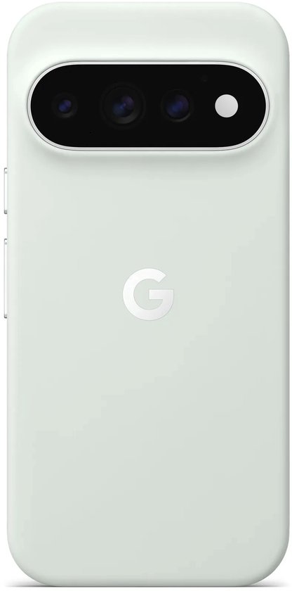 Lichtblauwe beschermhoes op een Pixel-telefoon met zichtbare cameramodule en Google G-logo.