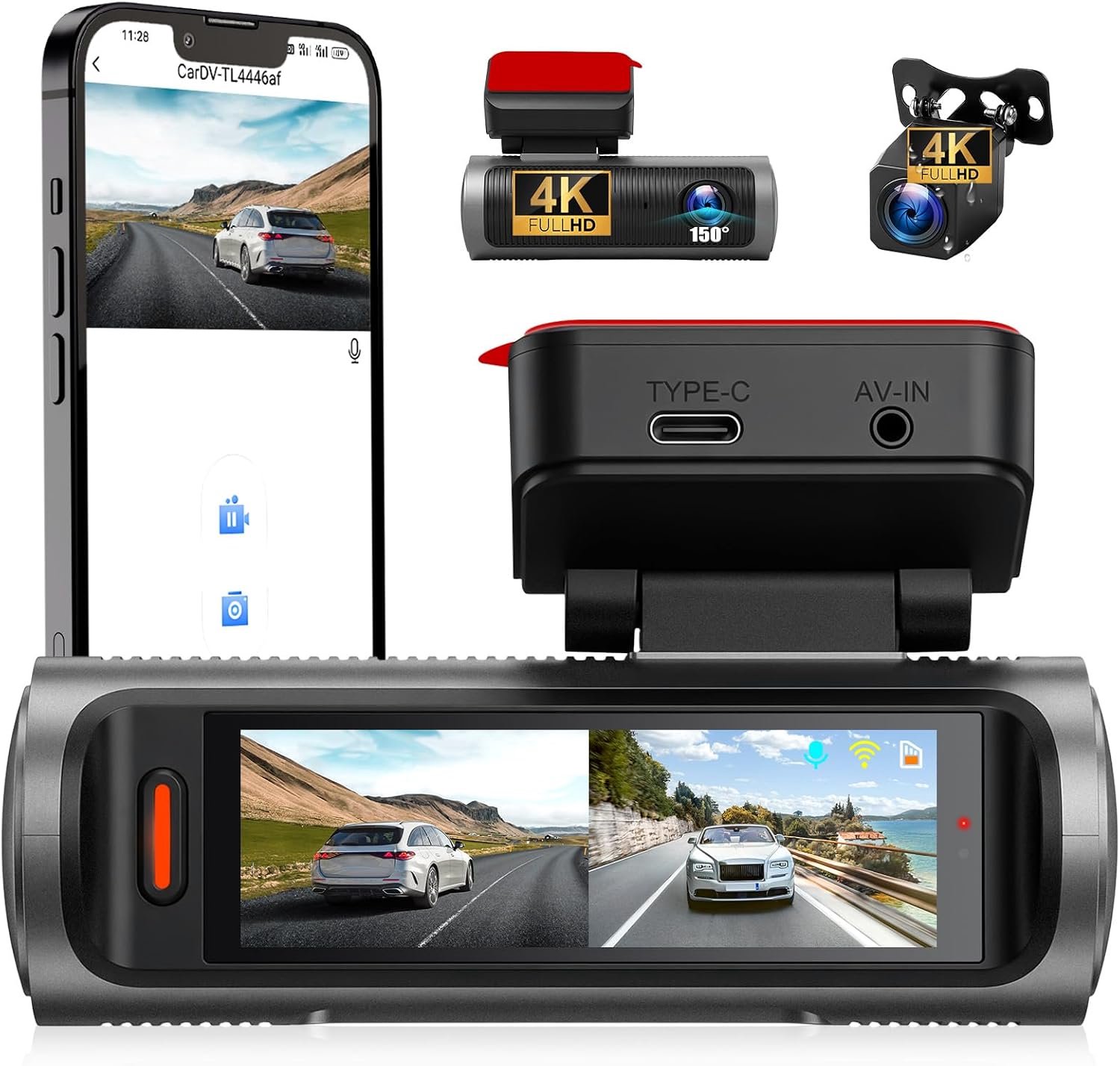 SnelShoppen - 4K Dashcam Auto Voor en Achter met 3,19 Inch Touchscreen, G-Sensor, Nachtzicht, Parkeerassistent, Loopopname en WiFi Besturing