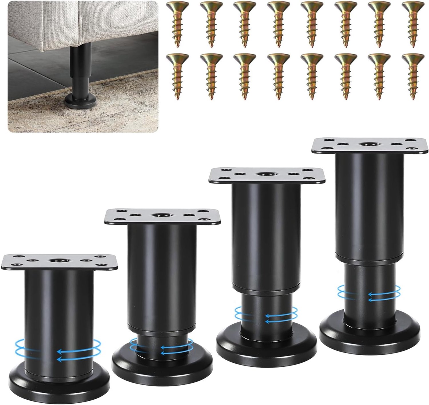 Meubelpoten verstelbaar 80-120 mm - Stalen poten voor meubels - Zwart met stabiliteitscoasters - ShopVlot
