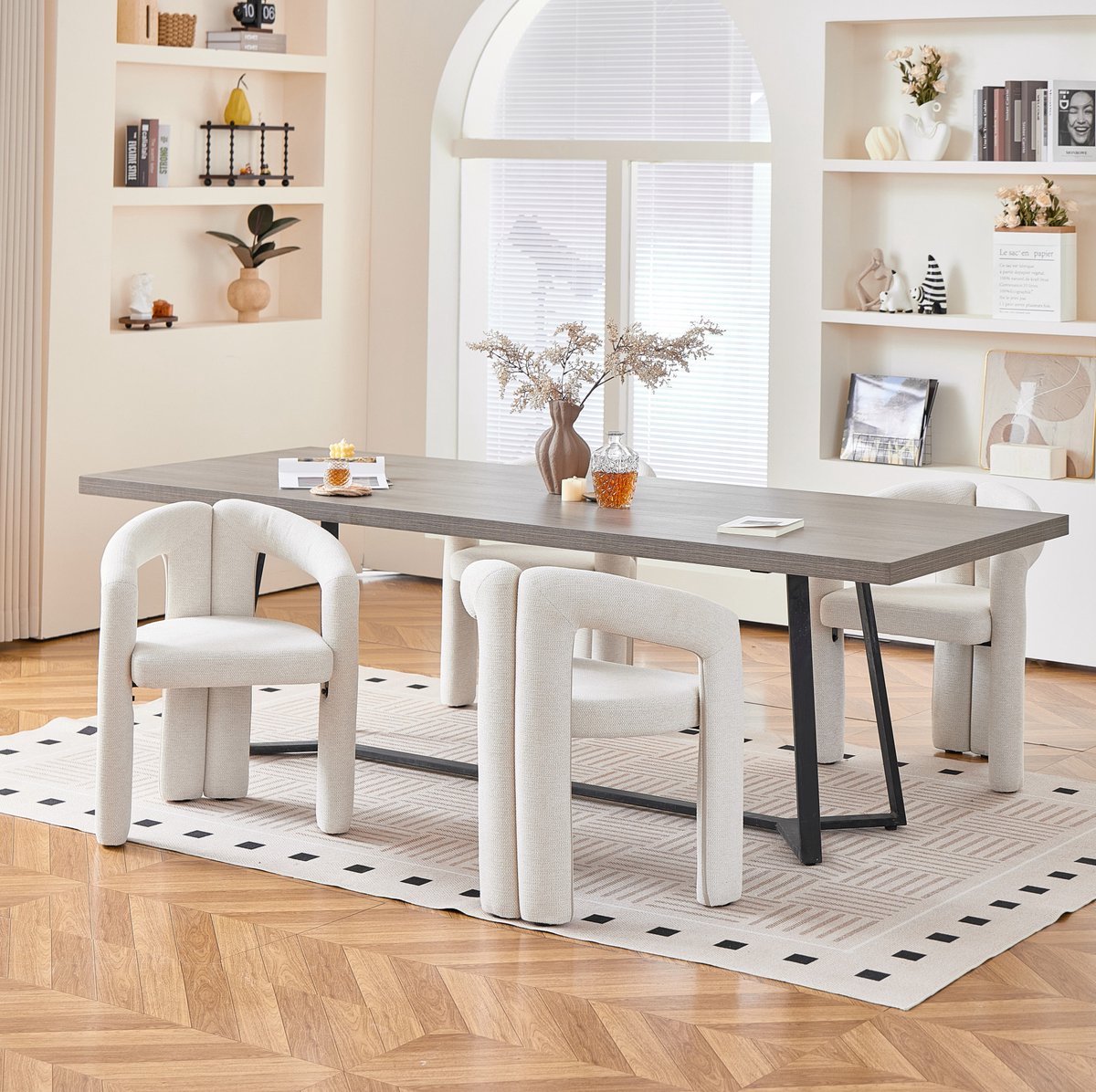 OKWISH Eetkamerstoel - Set Van 4 - Beige - Chenille - Ergonomische Armleuningen