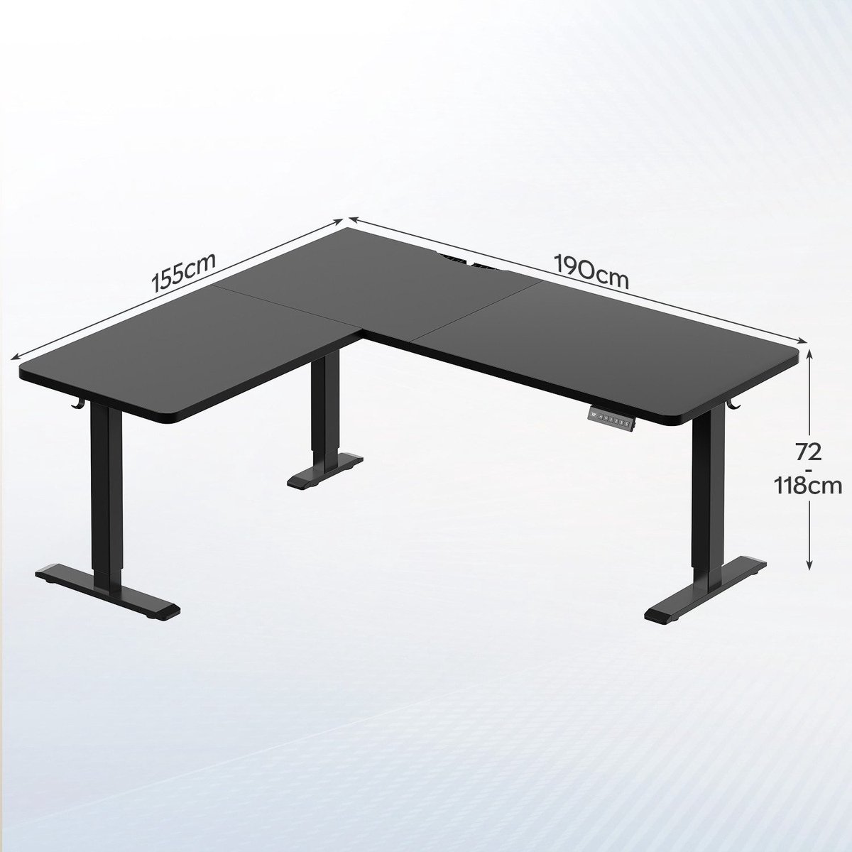 Devoko Elektrisch Verstelbaar Hoekbureau 190 × 155 cm – L-vormig Zit-Sta Bureau met 20 mm Dik Bureaublad – 100 kg Draagvermogen, 3 Geheugenstanden, USB en Kabelmanagement – Zwart thumbnail 2
