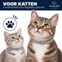 Twee katten, een kleine en een grotere tabby, dragen grijze verstelbare halsbanden. Katten kijken omhoog.