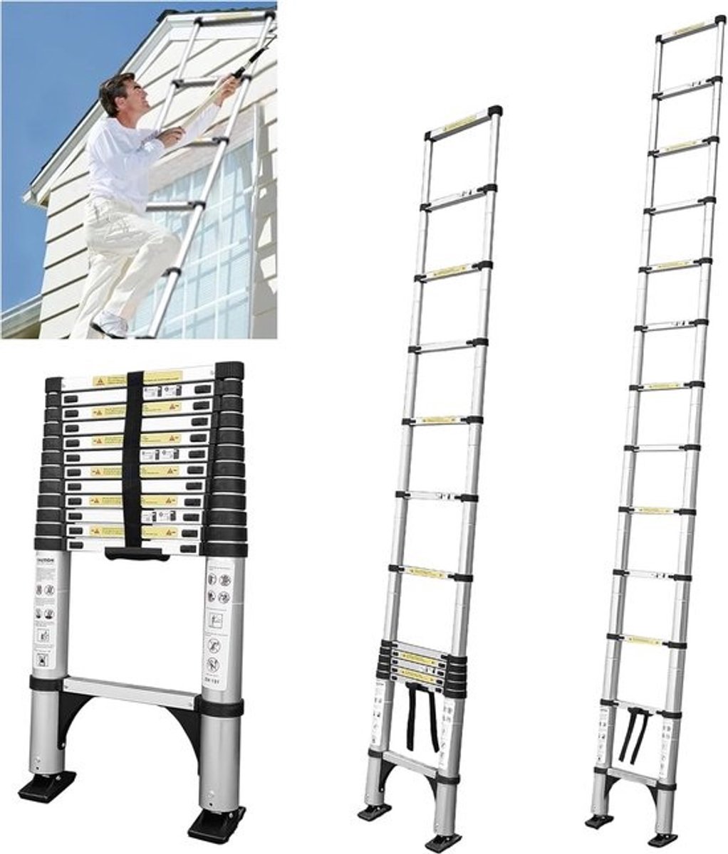 Telescopische vouwladder - 3,8 m - Antislip - Opvouwbaar - Multifunctionele ladder - 150 kg draagkracht