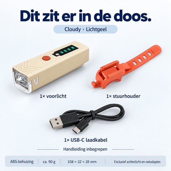 Cloudy Oplaadbare Fietslamp Voor - 400 lumen - Lichtsensor - USB-C - IPX6 - Lichtgeel — afbeelding 5