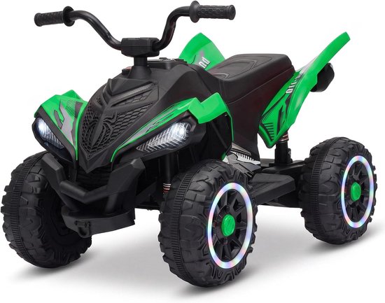 Groen en zwart elektrisch kinder quad met LED-verlichting en stoere off-road wielen met gekleurde ringen.