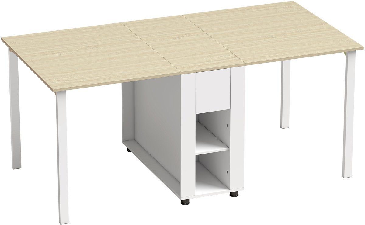 Homona Klapbare eettafel voor 6 personen - Met 2 lades en 4 opbergvakken - 168,2 x 85 x 73 cm - Wit en natuurhout