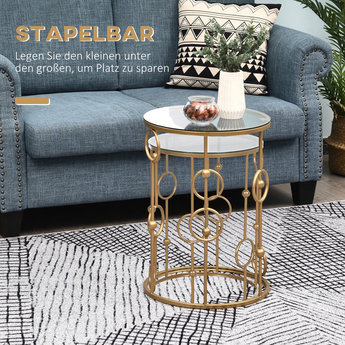 Homona Salontafel set van 2 - Bijzettafels met glazen blad - Ø41 x 57 cm en Ø36 x 51 cm - Goud
