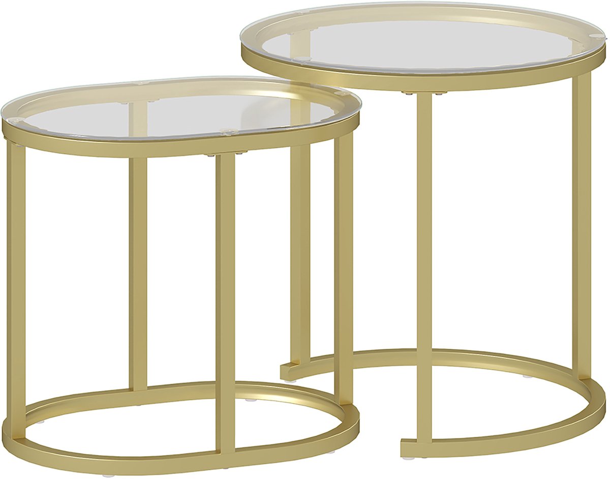 Homona 2-delige salontafelset - Stapelbaar - Met gehard glas en stalen frame - Rond Ø50 x 50,5 cm en ovaal 60 x 36 x 43,5 cm - Grijs