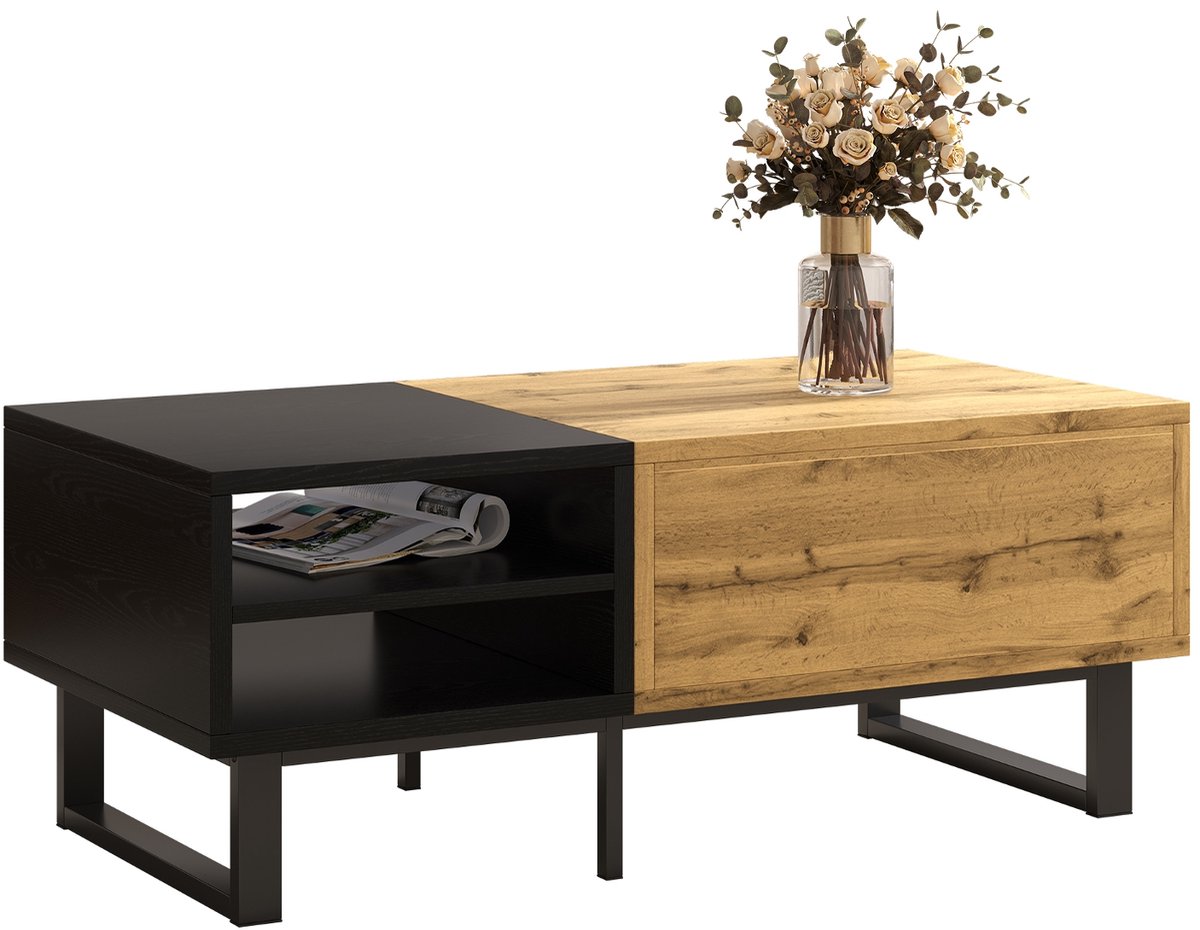 Ropilly Salontafel Hout en Zwart - Met Lade en Vakken - Spaanplaat - Woonkamer - 100x50x40 cm Natuurlijk