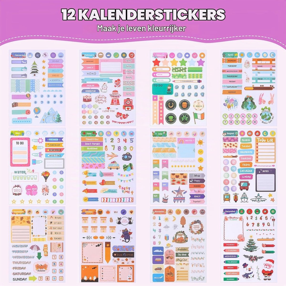 Uitgebreide Sticker Set voor Planners - 1700+ Stuks voor Maand-, Week- en Dagplanning, Perfect voor Agenda's, Kalenders en Cadeaus — cadeau in Hobby - foto 4