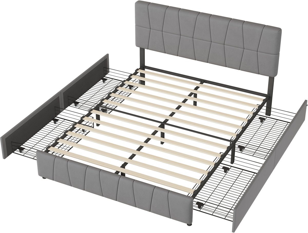 Gestoffeerd bed 160 x 200 - tweepersoonsbed - ledikant - bed - opberg bed - gestofeerd bed - tweepersoonsbed met opbergruimte - gestoffeerd bed met opbergruimte - Met 4 metalen lades - fluweel stof - grijs - Veilig Zachte Randen — cadeau in Cadeau-ideeën - foto 6