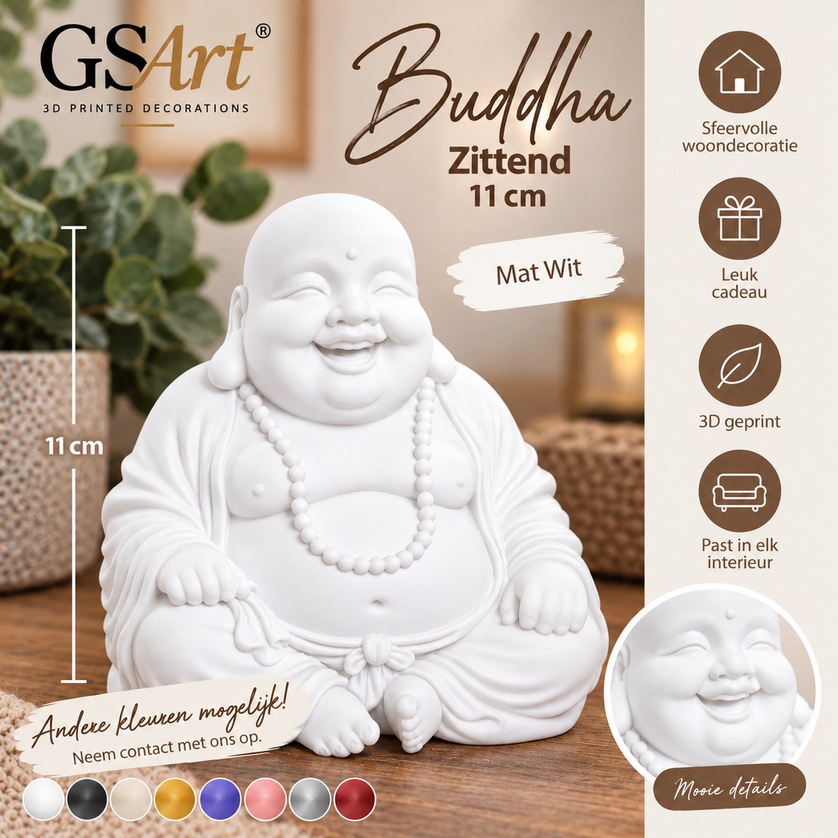 GSArt Decoratief Beeld Buddha Zittend – 11 cm – 3D Geprint Boeddha Beeld – Woondecoratie - Mat Wit