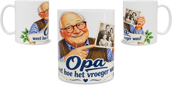Drie aanzichten van een witte mok met opa en een oude familiefoto, tekst 'Opa weet hoe het vroeger was!' en een hartje.