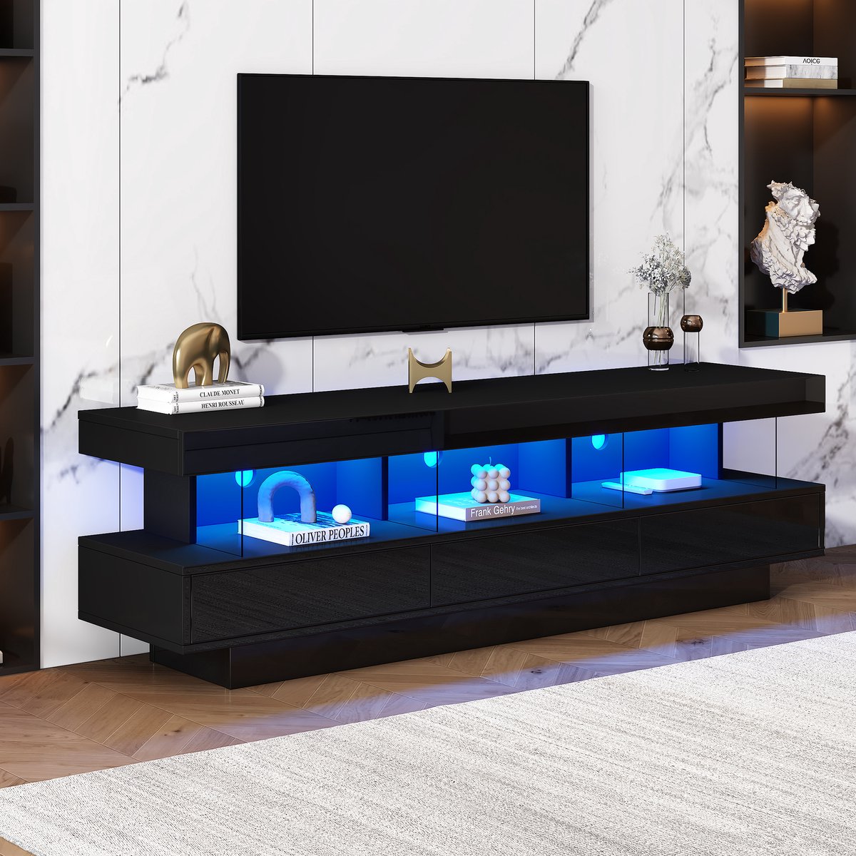 MUVANO Tv Meubel Zwart Hoogglans - Tv Kast 160 cm - Met Led Verlichting - Voor Tv Tot 70 Inch - 160x38x50,5 cm - App Bediening - Woonkamer Zwart