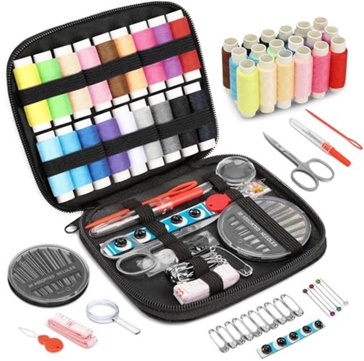 Complete reisset - voor beginners - Professionele naaikits - met naalden, garens, scharen, meetlint en duwvoet - 18 kleuren