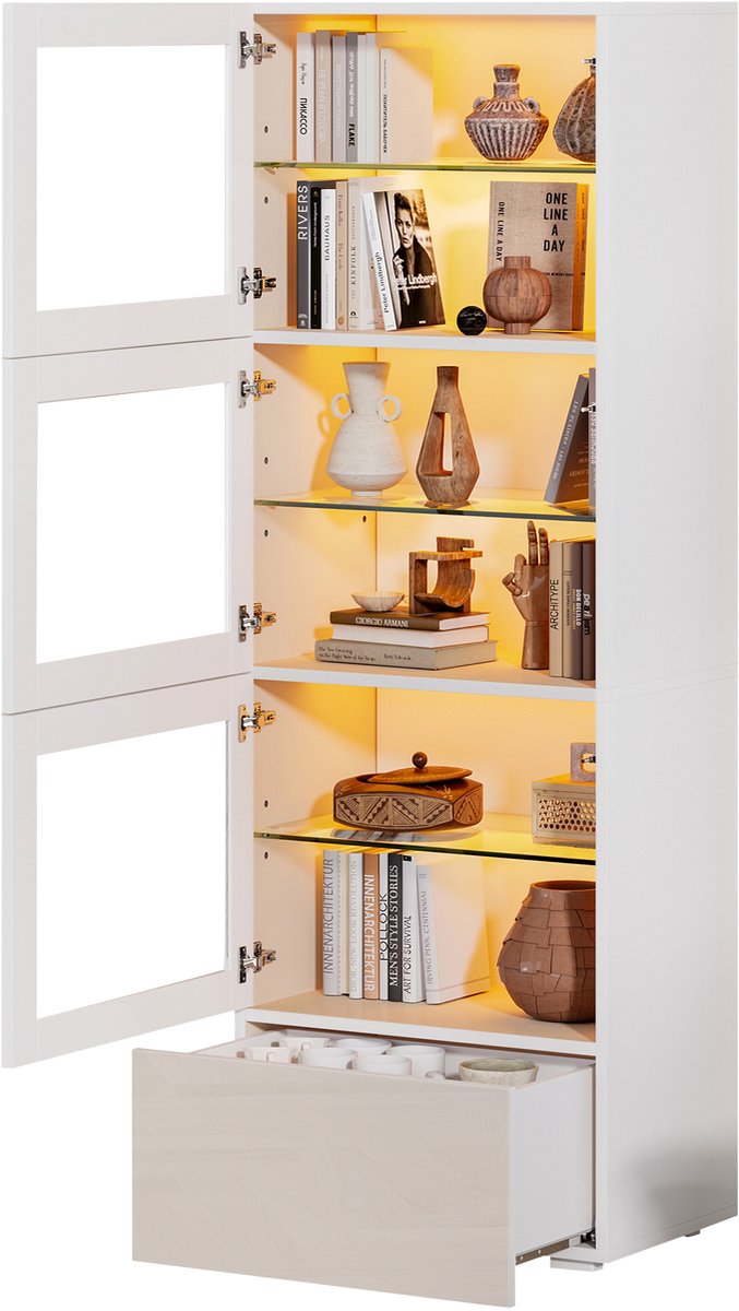 Vitrinekast Met Acrylglazen Deuren - Hoge Opbergkast Met LED-Verlichting - Verstelbare Glazen Planken En Lade - Woonkamer - Wit MDF