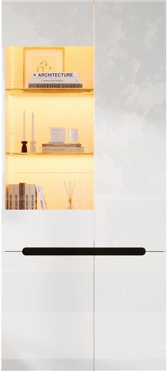 Vitrinekast Met LED - Glazen Vitrinekast Met Vier Deuren - Acht Opbergvakken En Verstelbare Planken - Voor Woonkamer - MDF Wit 80×35×180 cm
