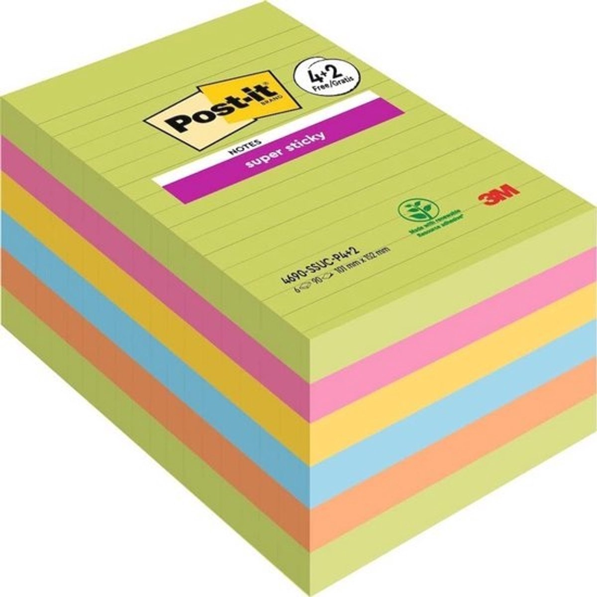 Plaknotities - 101 x 152 mm - Herbruikbare sticky notitiebladen - 6 stuks