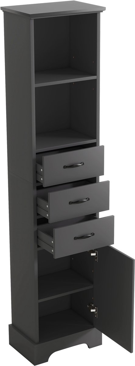 Badkamerkast - Hoge Smalle Opbergkast Met Drie Laden En Kastdeur - Open Vakken Met Verstelbare Planken - Zwart MDF Voor Badkamer