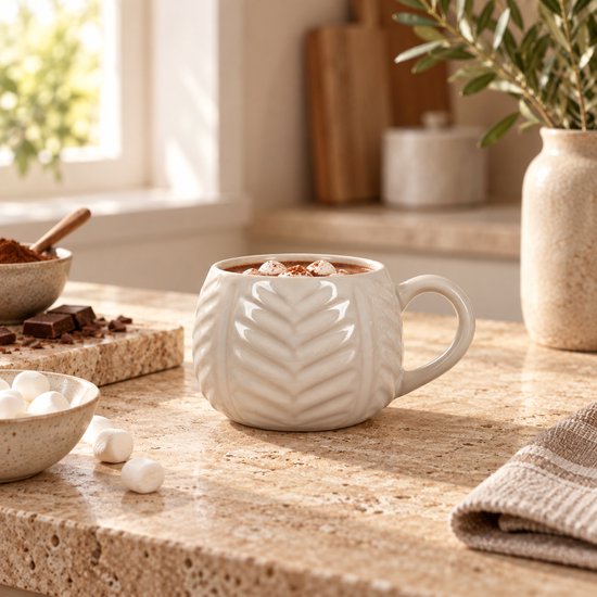 Fameilleur mok beige 20 cl – stijlvolle stenen koffiemok en theemok met bladstructuur, reactief glazuur, vaatwasser- en magnetronbestendig- koffiemok- koffiebeker- koffie mok- koffie beker- thee mok - theemok- servies — afbeelding 4