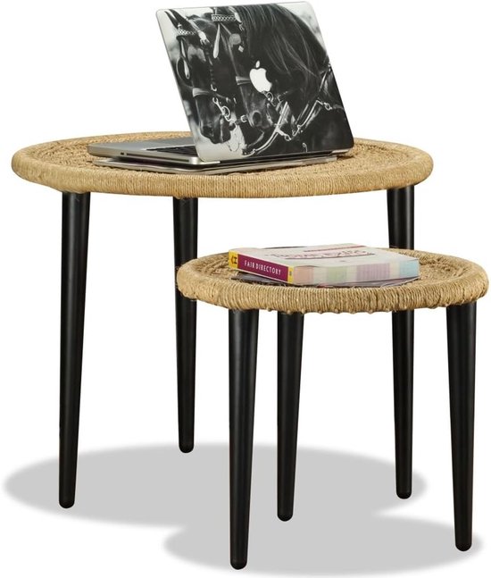 Bijzettafelset, 2 stuks, salontafel, printertafel, woonkamertafel, koffietafel, televisiekast, bloemenzuil, banktafel, natuur jute — afbeelding 4