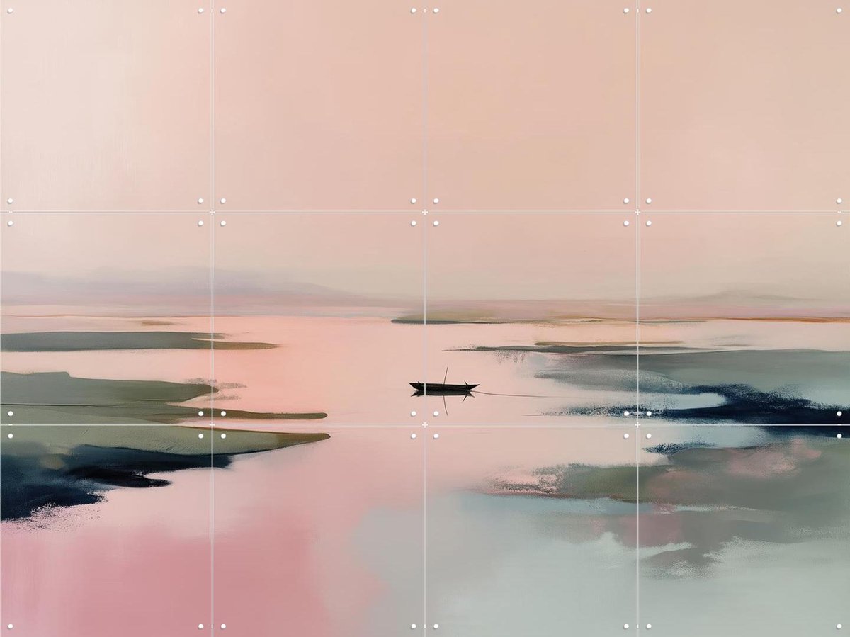 IXXI Pink Estuary Boat Landscape, Branka Kodžoman - 80 x 60 cm - Gratis ophangtool - Grote wanddecoratie en posters - Abstract, Aquarel, Trap