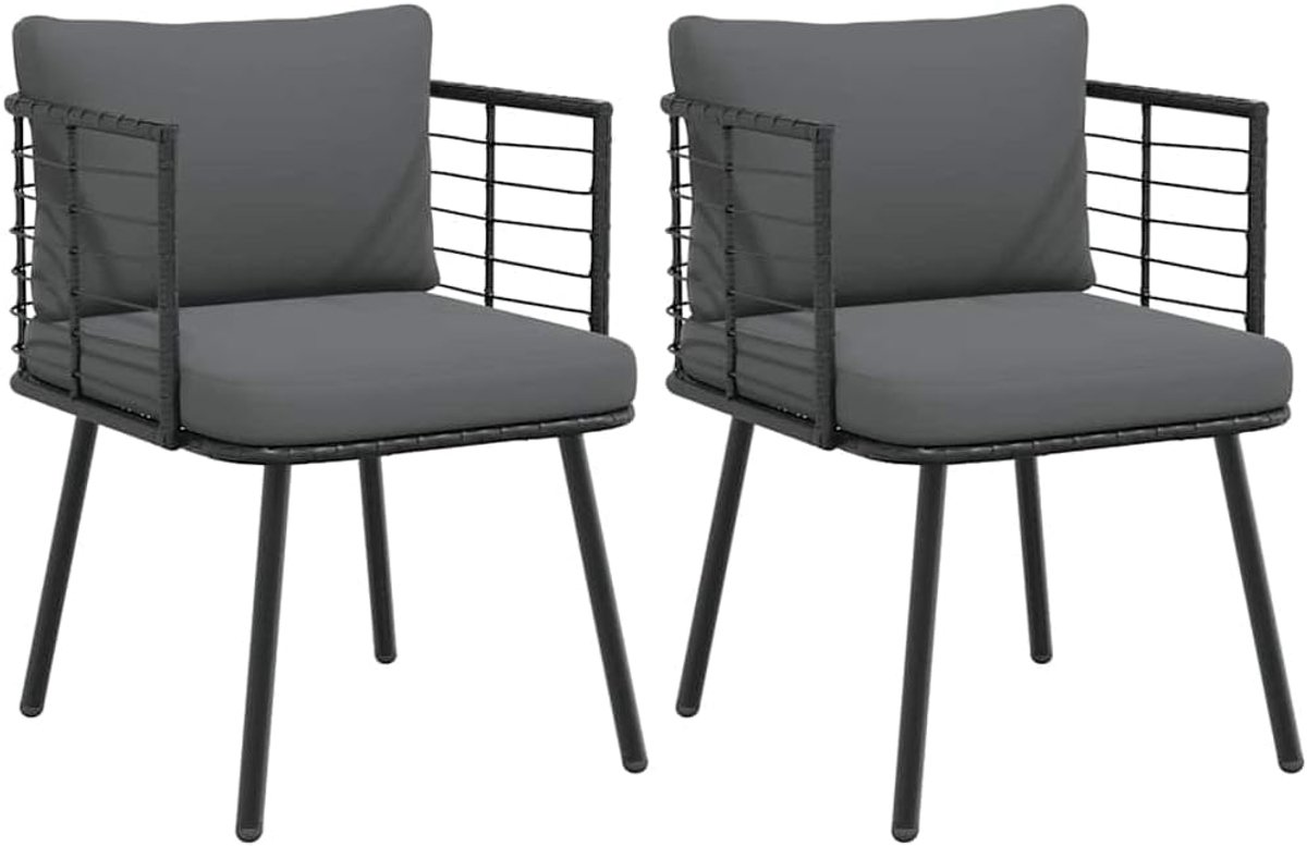 2 stuks, met kussen, zwart, polyrotan, tuinstoel, terrasstoelen voor terrassen