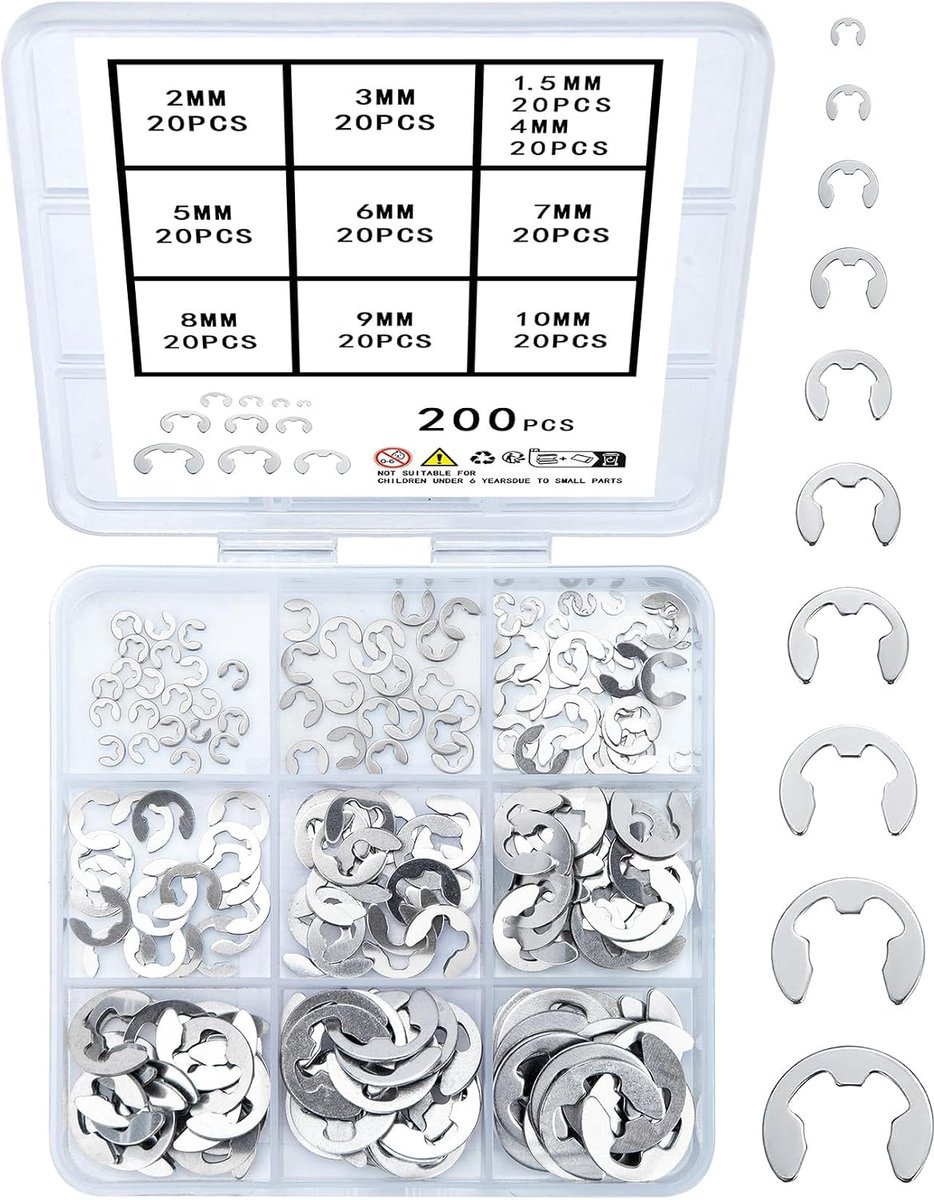Wugongshan 200 stuks externe elektronische clip borgringen roestvrij staal 10 maten borgringen voor externe clip ringen M1.5/M2/M3/M5/M6/M7/M8/M9/M10