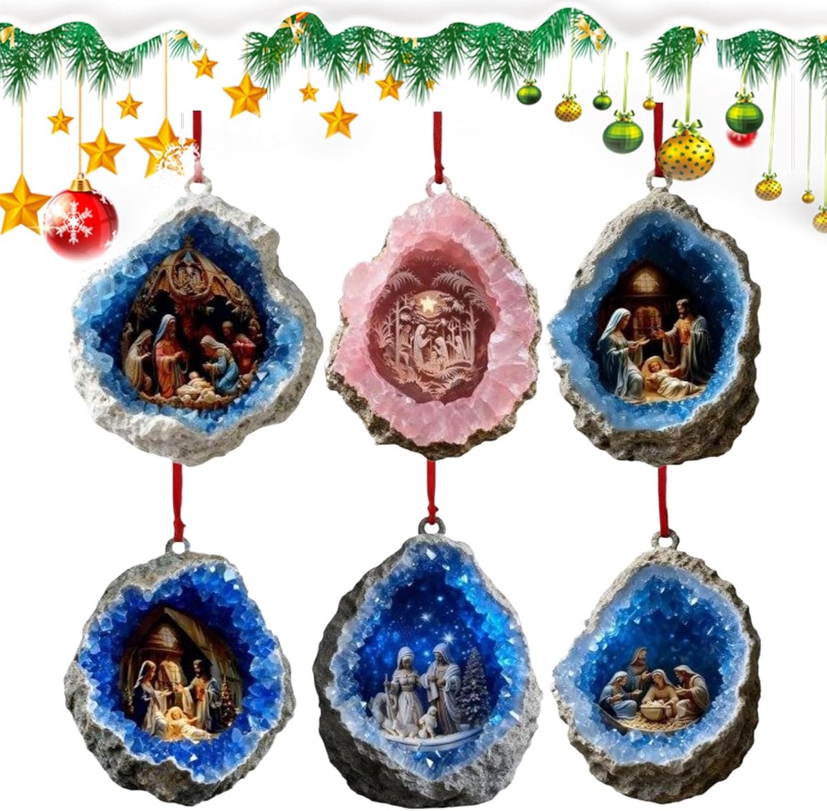 Kerstdecoraties | Set van 6 kerstboomversieringen met Jezus Hangers - Religieuze Decoratie voor Binnen Tafel Feest Tuin Balkon Entree Plank Woonkamer Kerk | Veranda E