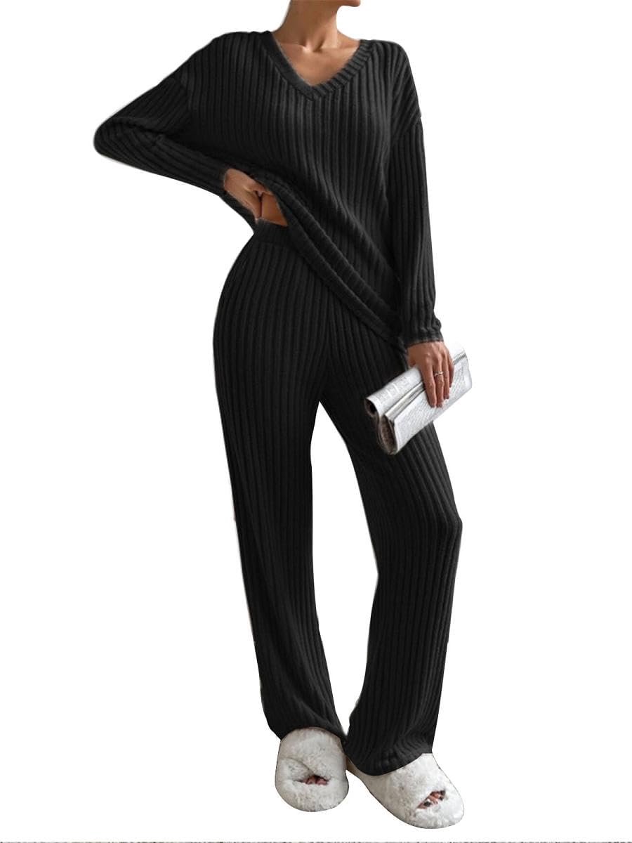 Loungewear sets voor vrouwen, UK tweedelige outfit, trainingspak, effen kleur, vrijetijdspak, homewear, V-hals, tops met lange mouwen en wijde pijpen, pyjamasets met zakken