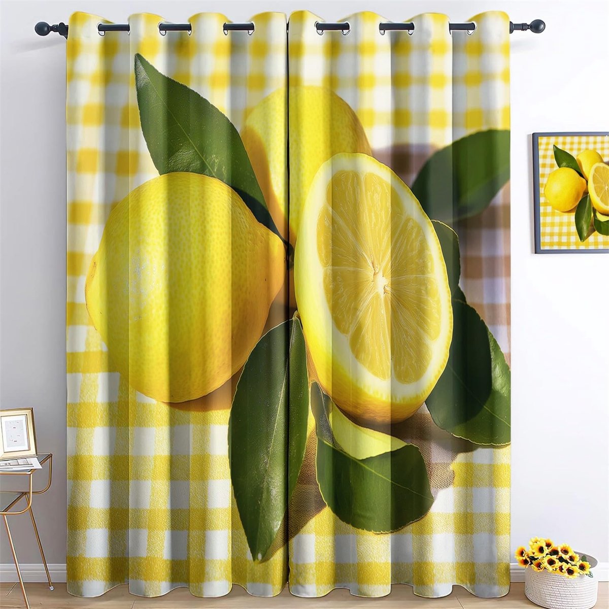 Geel met ogen, voor slaapkamer, foto, citroen en groene bladeren, woonkamer, verduisteringsgordijnen voor binnen, raam, 70 x 145 cm (2 panelen)