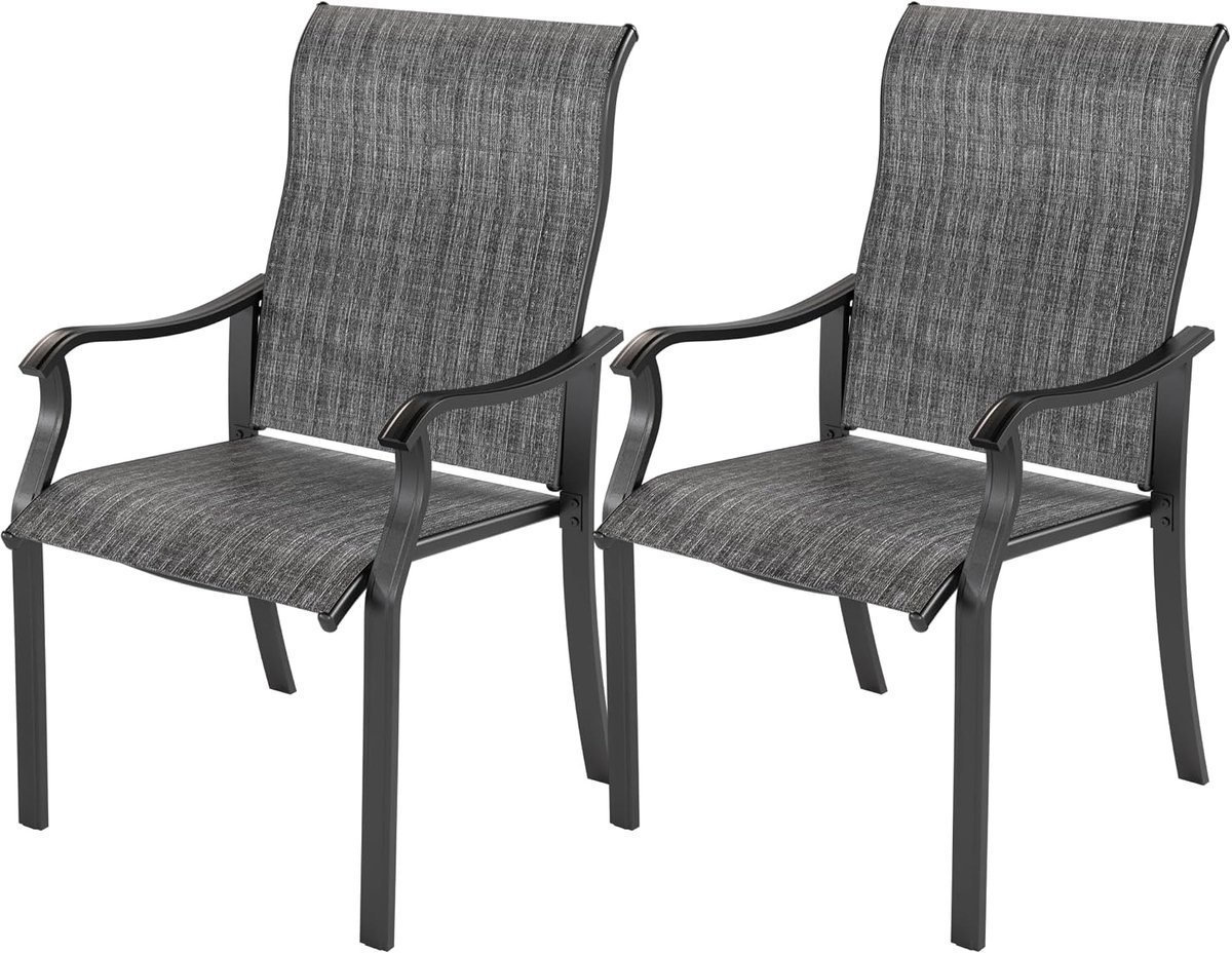 Set van 2 tuinstoelen met hoge rugleuning, metaal, weerbestendig, stoel met armleuning, balkonstoel, terrasstoelen, tuinstoel voor tuin, terras, balkon, grijs