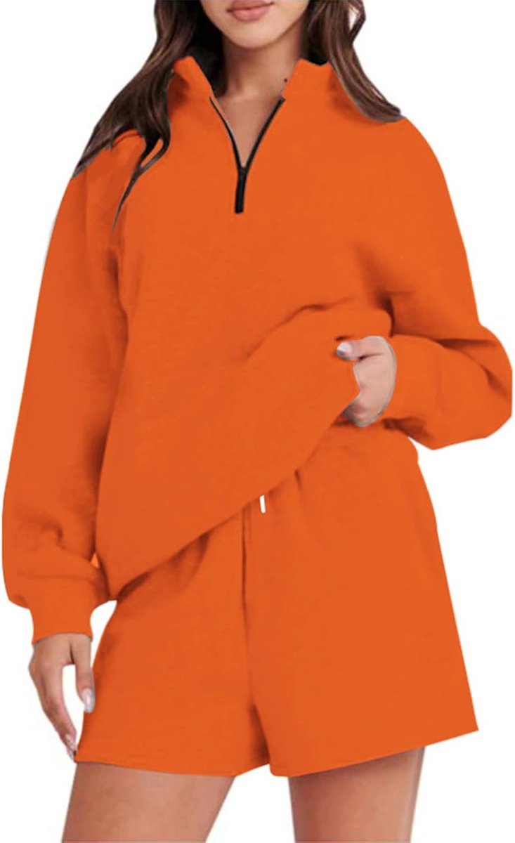 Sweatshirt-outfits voor dames met V-hals en halve ritssluiting en elastische shorts voor bijeenkomsten